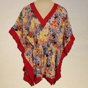 Floral Batwing Kaftan Blouse Red Trim Waist Tie Charter Club XXL 2X
